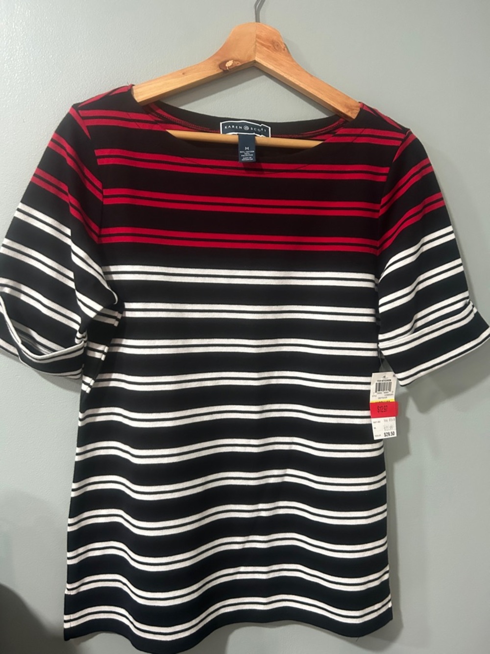 Karen Scott Red, Black & White Striped Short-Sleeve Top